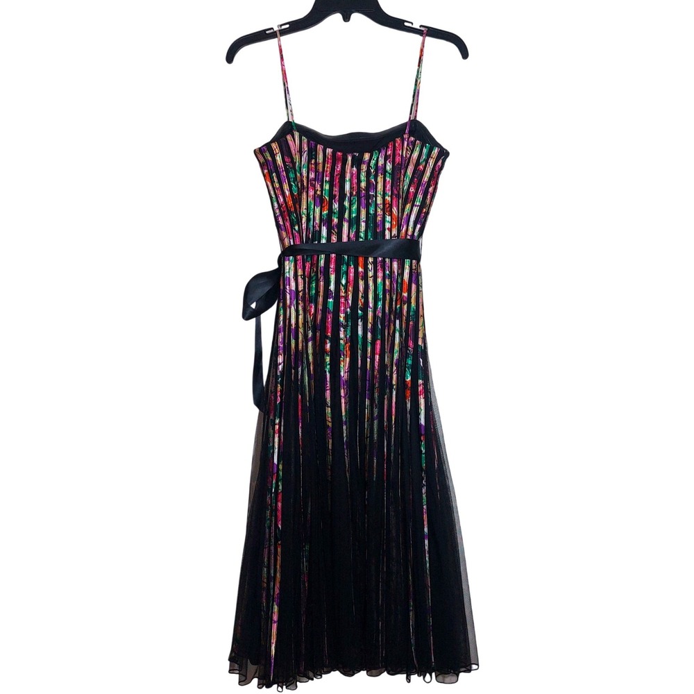 EUC JS Collections Floral Pleated Belt Midi Dress Spaghetti Strap Satin Size 10 - Picture 11 of 15